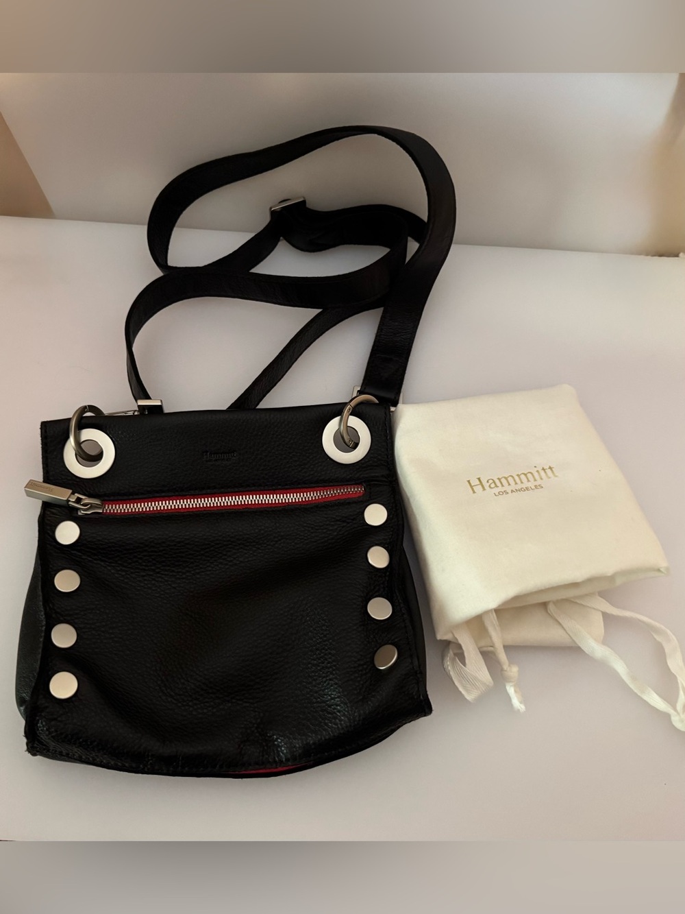 Hammitt Black Leather Shoulder Bag with Silver Studs and Red Zip
